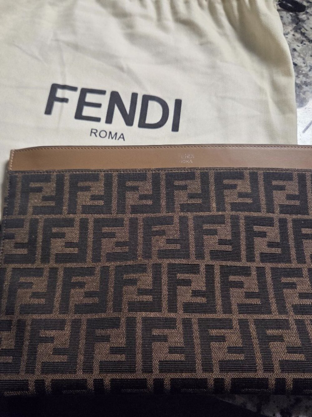 Fendi ROMA FF Monogram Clutch – Authentic Canvas & Leather Trim – Like New